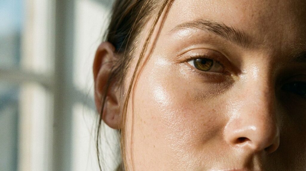 A close-up of a glowing healthy skin complexion showcasing the results of a simple natural beauty routine