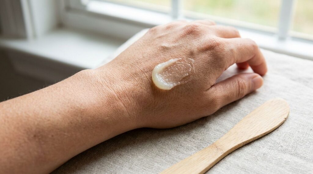 A small smooth scoop of the mixed Vaseline and baking soda being applied as a tiny patch test on the back of a person s 
