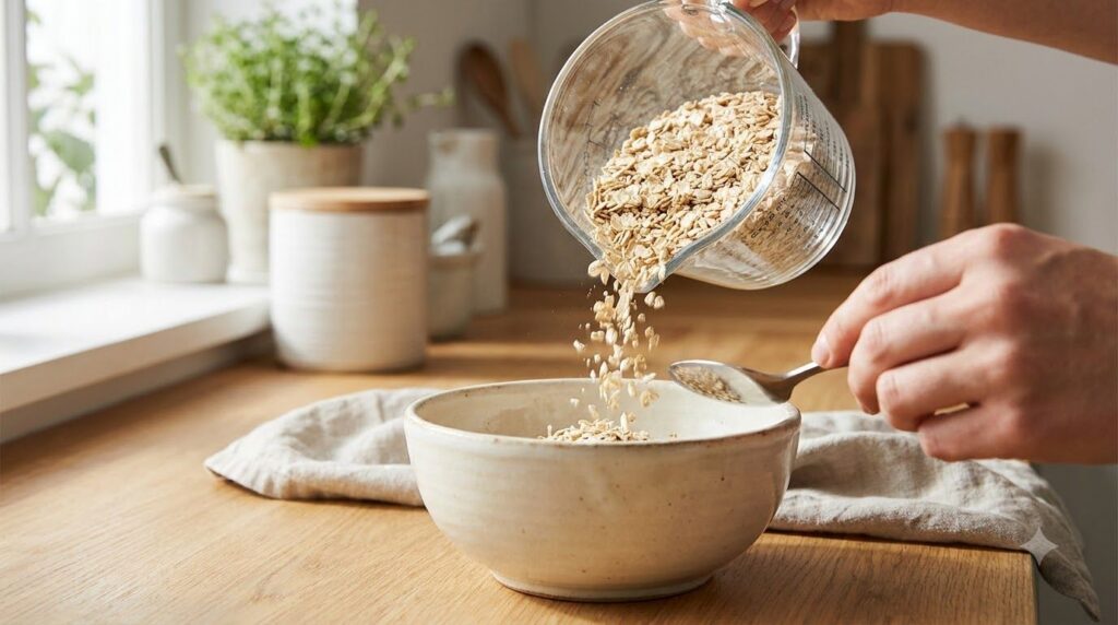 A measuring cup filling a bowl with dry rolled oats with a hand holding a spoon ready to stir The background is a bright