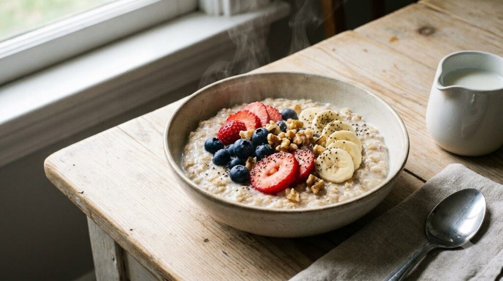 A delicious bowl of oatmeal topped with fresh berries sliced banana and a sprinkle of nuts ready for breakfast