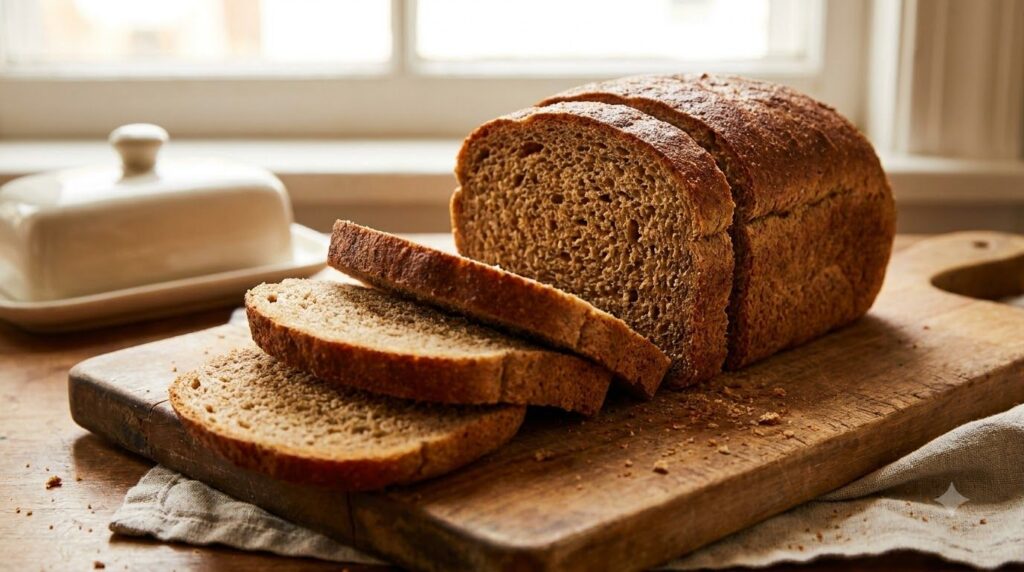 A rustic loaf of whole wheat bread sliced with visible texture of whole grains
