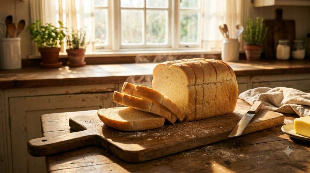 A freshly baked loaf of sliced white bread on a cutting board with a soft texture visible