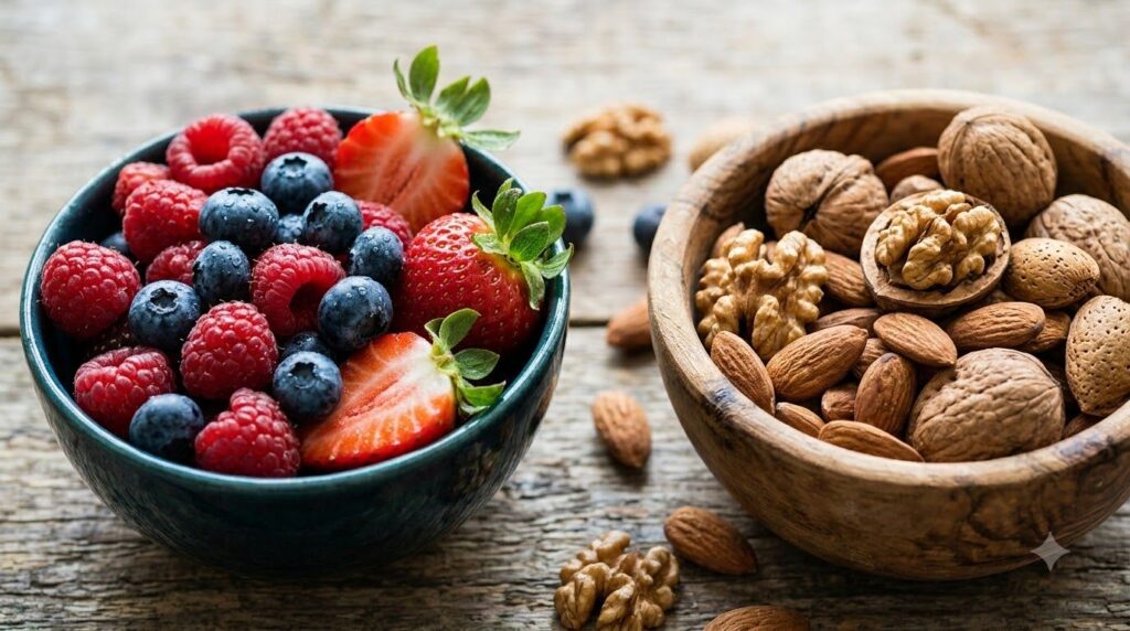 A close-up of a bowl of mixed fresh berries including blueberries raspberries and strawberries alongside a small bowl of