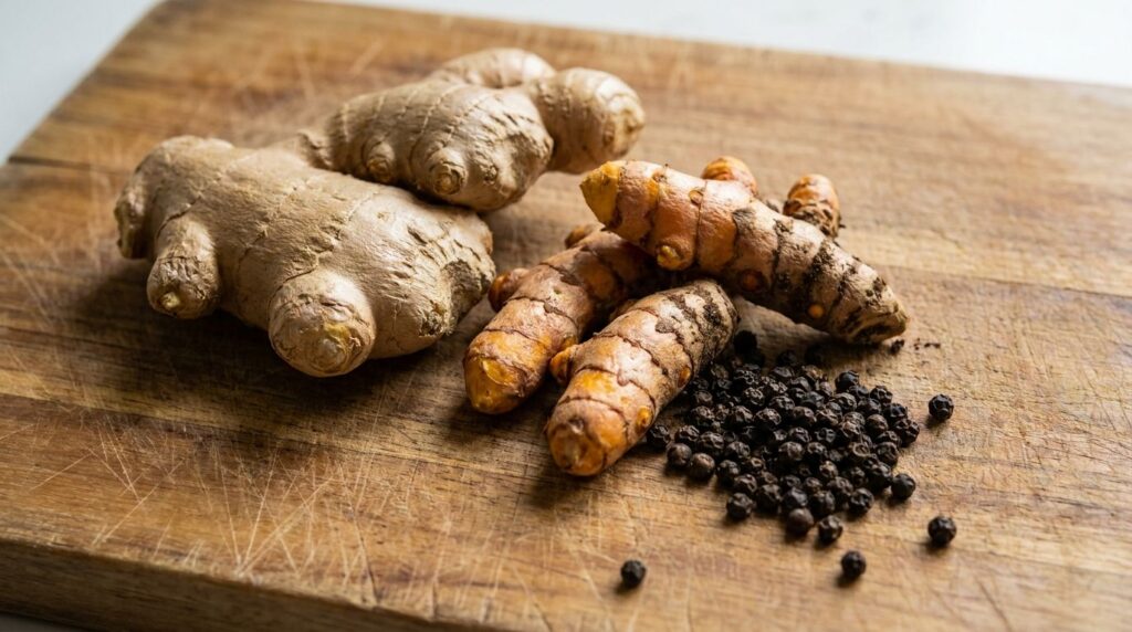 A close-up of fresh ginger root and turmeric root on a rustic wooden cutting board with a sprinkle of black peppercorns 