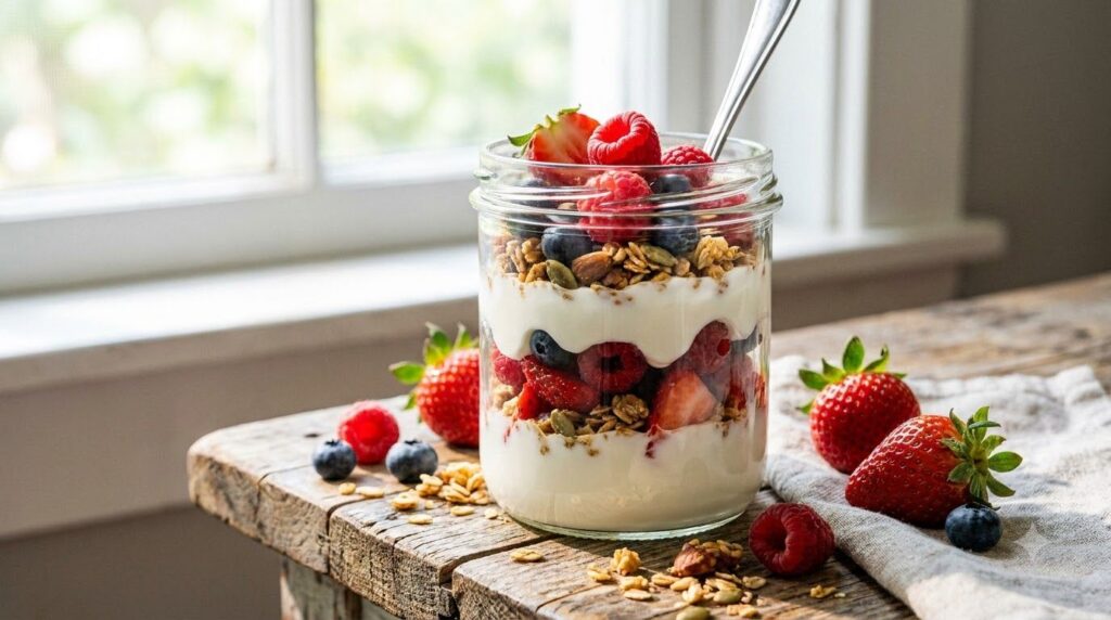 A vibrant Greek yogurt parfait with layers of yogurt berries and granola in a glass jar