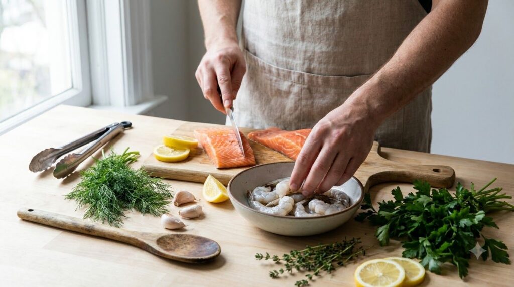 A person preparing various types of fish such as salmon fillets and shrimp on a kitchen counter with fresh herbs and lem
