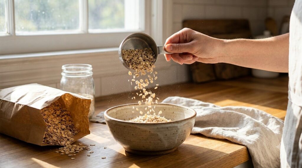 A hand holding a measuring cup over a bowl of oats demonstrating portion control