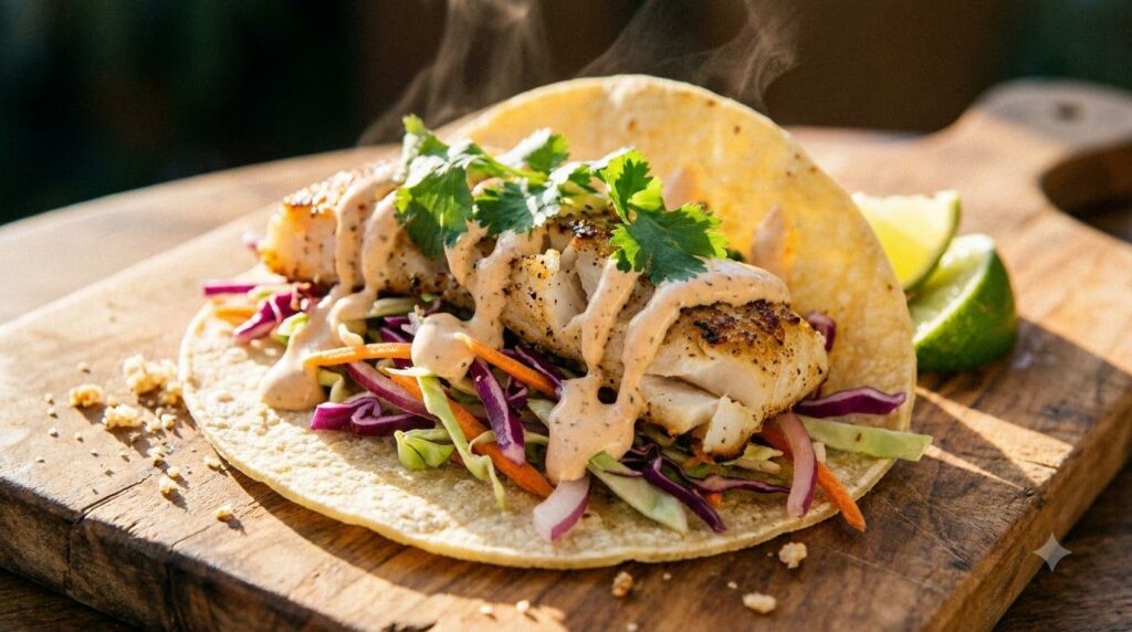 A vibrant healthy fish taco filled with grilled cod colorful slaw and a drizzle of sauce garnished with cilantro on a wo