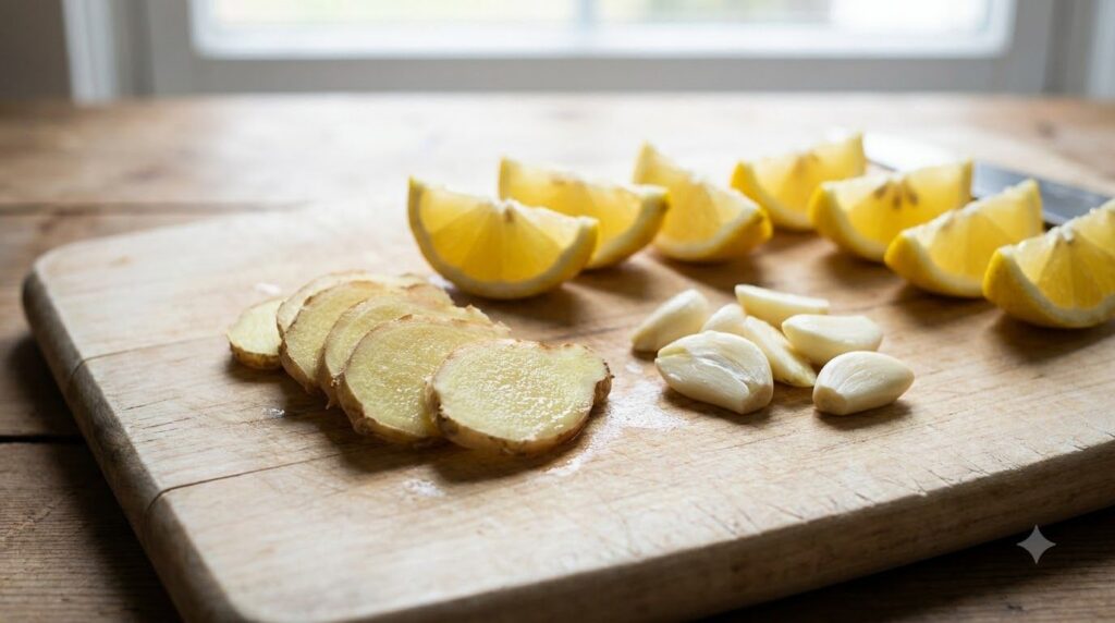 Peeled garlic cloves sliced ginger and lemon wedges on a cutting board ready for blending