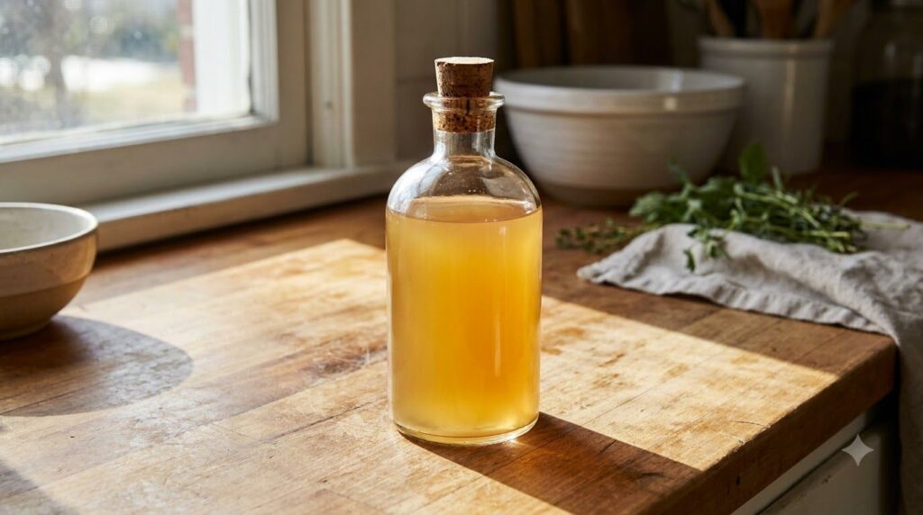 A clear glass bottle filled with a yellowish ginger lemon and garlic tonic sitting on a wooden surface in a kitchen
