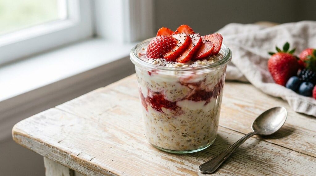 A clear glass jar filled with strawberry overnight oats topped with fresh sliced strawberries and a sprinkle of chia see