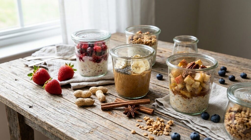 A variety of clear glass jars filled with different flavors of overnight oats such as strawberry peanut butter banana an