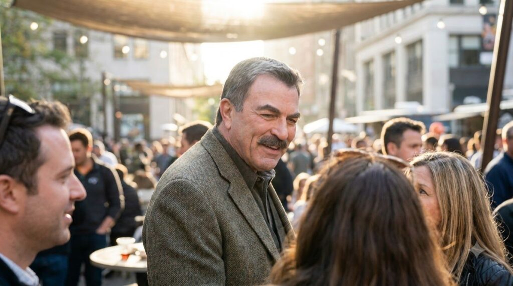 A smiling Tom Selleck in a modern setting perhaps at an event with his iconic mustache prominent