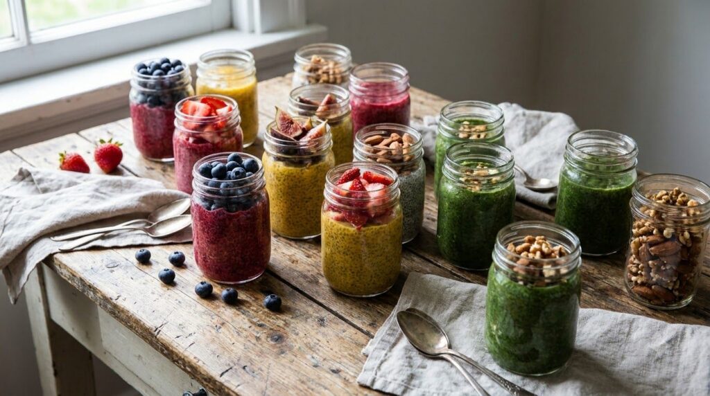 A collection of glass jars filled with colorful chia puddings some topped with fresh fruit and nuts arranged on a wooden