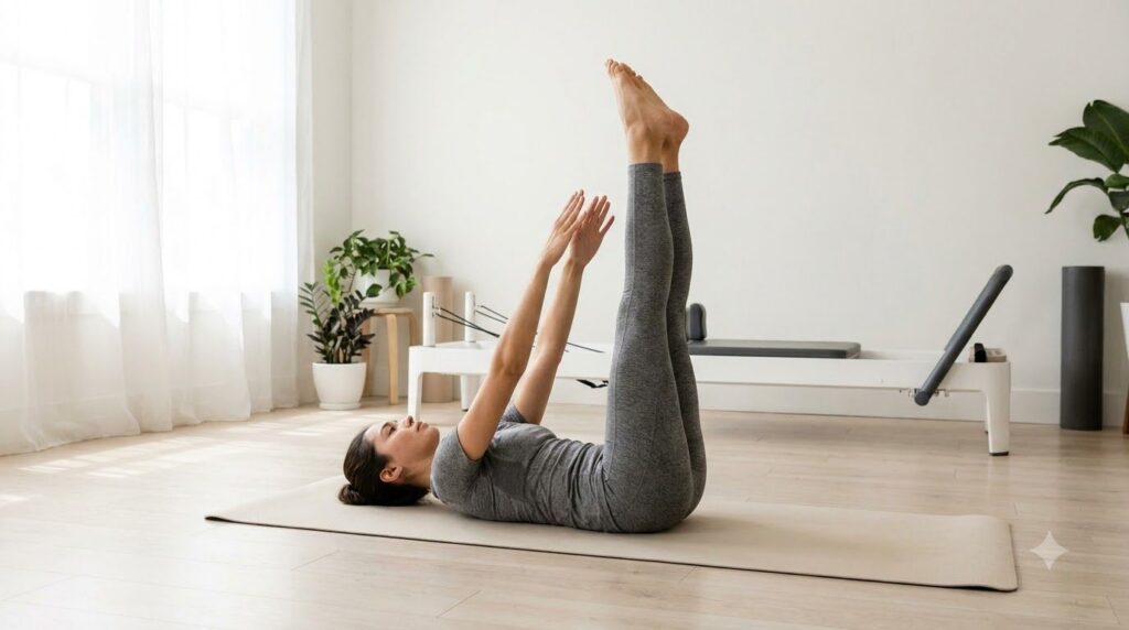 A person demonstrating a toe reach crunch with legs extended upwards and hands reaching for their feet