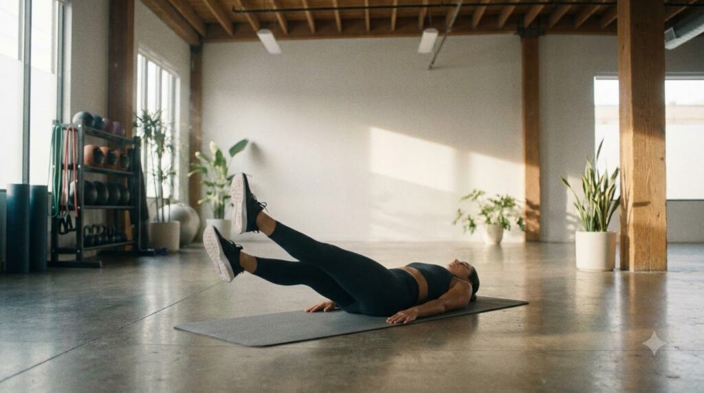 A person performing flutter kicks lying on their back with legs slightly raised and rapidly alternating small vertical m