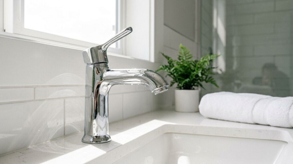 Shiny chrome faucet in a bathroom after cleaning