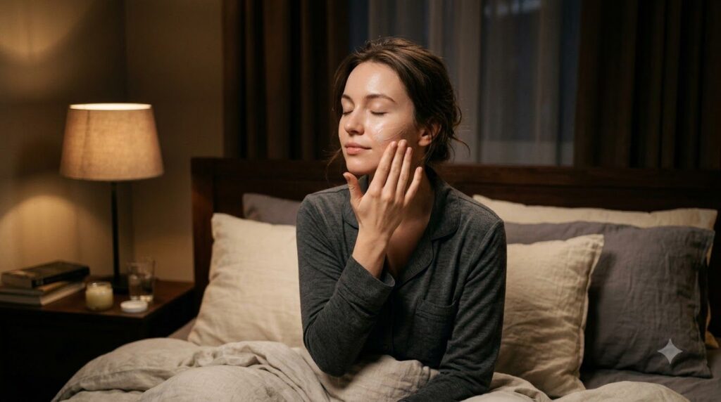 A woman applying a small amount of balm to her clean face before bed her eyes closed in a peaceful expression in a dimly