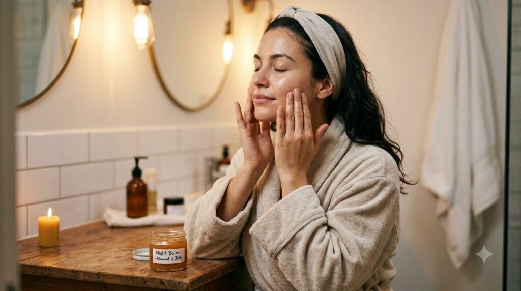 A woman gently massaging the homemade petroleum jelly and almond oil mix onto her face at night with a soft glowing comp