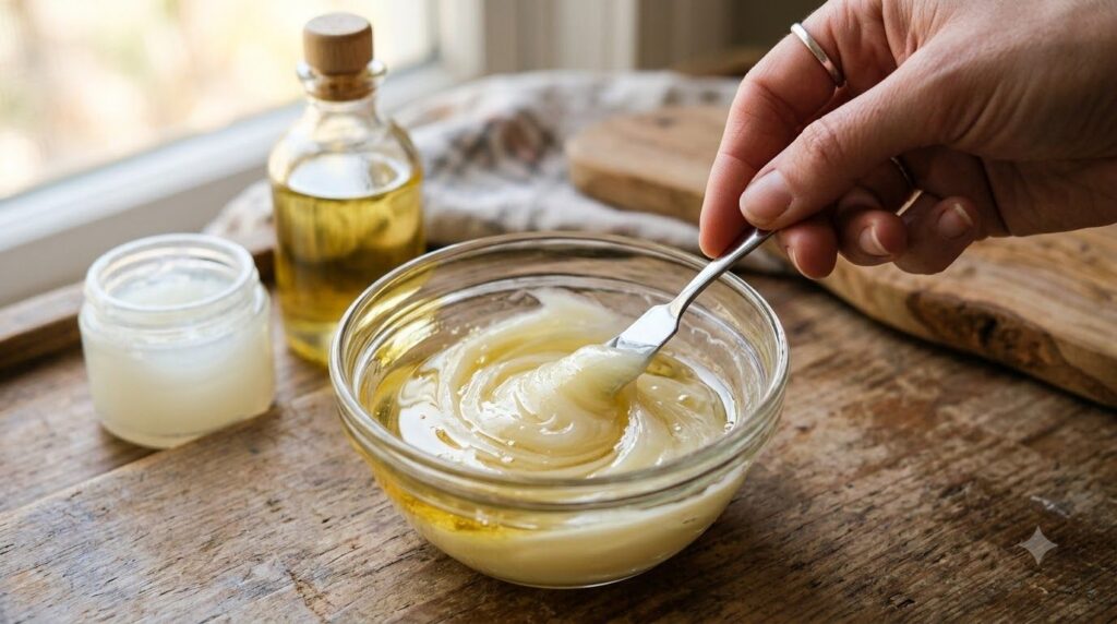 Close-up of a small glass bowl with petroleum jelly and sweet almond oil being mixed with a tiny spatula or spoon showin