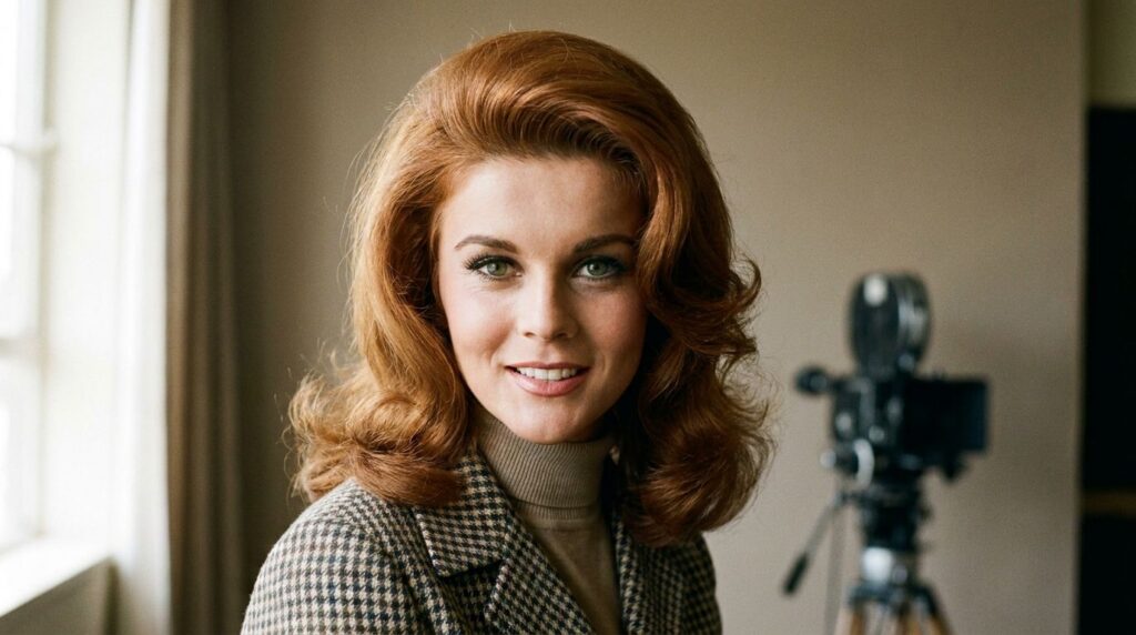 A 1960s publicity photo of Ann-Margret showcasing her iconic voluminous auburn hair and green eyes with a stylish 60s ou