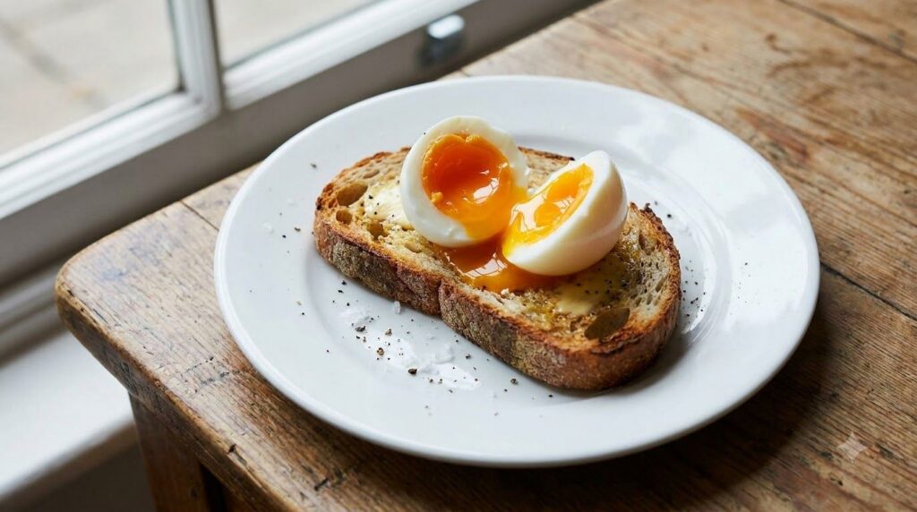A perfectly cooked soft-boiled egg cut in half revealing a perfectly runny bright orange yolk and set white served on a