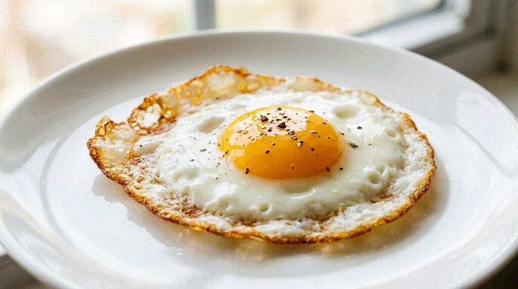 A sunny side up fried egg with a perfectly set white and a runny golden yolk served on a plate with a sprinkle of pepper