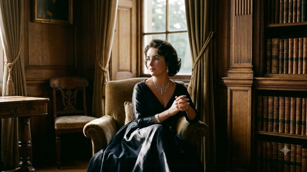 Promotional image of Elizabeth Taylor in a glamorous pose from a classic film highlighting her iconic beauty and style