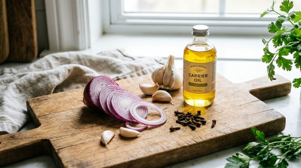 Ingredients laid out on a wooden cutting board sliced red onion whole garlic cloves whole cloves and a bottle of carrier
