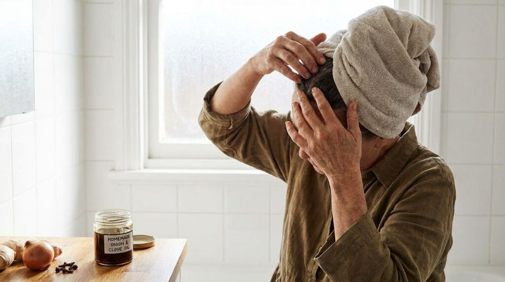 A person gently massaging the homemade onion clove hair oil into their scalp and hair