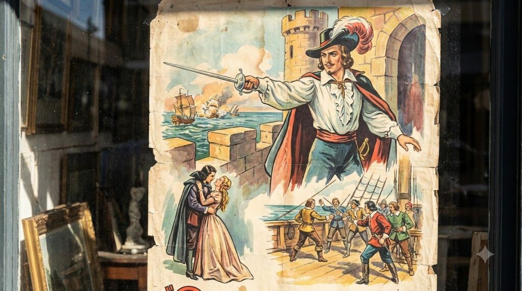 A vibrant movie poster from the Golden Age of Hollywood featuring a dashing swashbuckling hero with a sword surrounded b