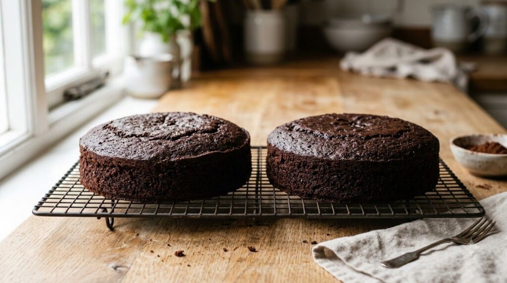 Two perfectly baked dark chocolate cake layers cooling on a wire rack
