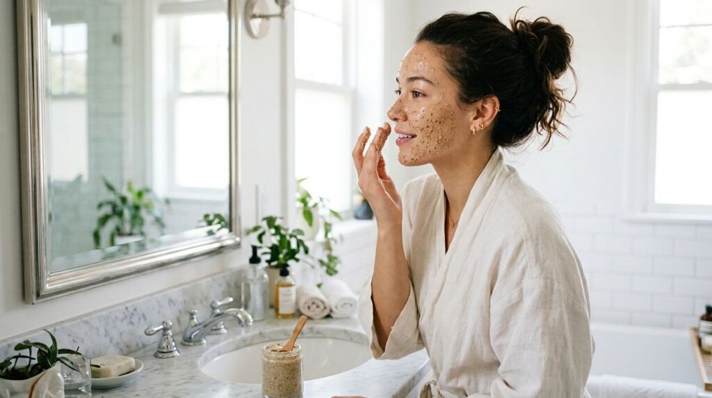 A woman gently applying a homemade light brown seed-based face mask to her clean face with soft natural light illuminati