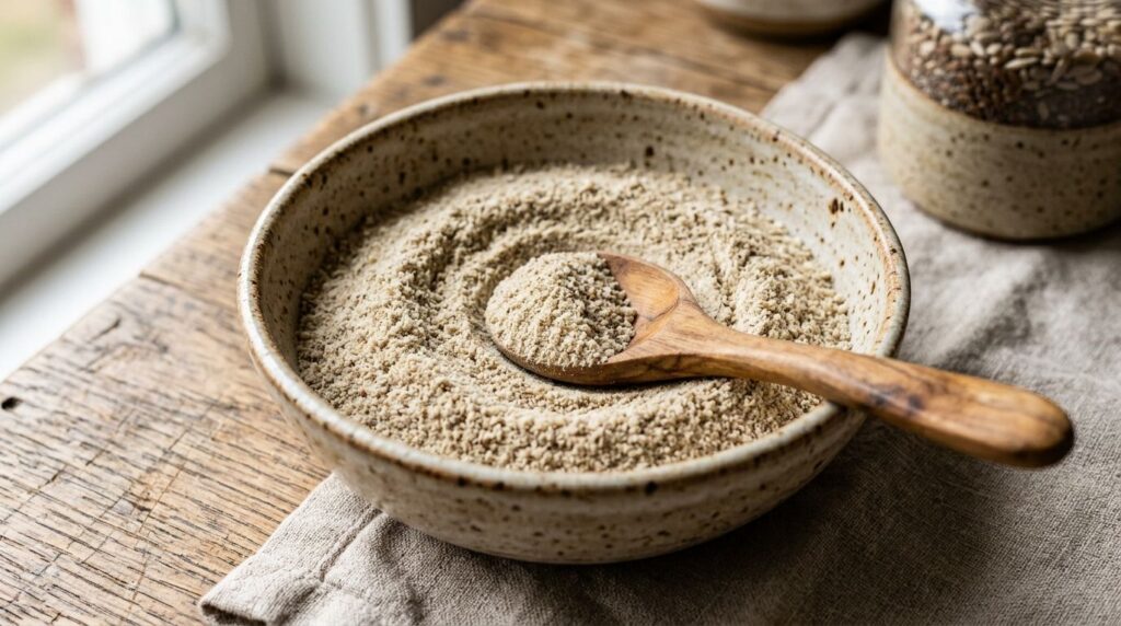 A close-up of a fine earthy-toned powder blend made from ground seeds in a small bowl with a small wooden spoon next to