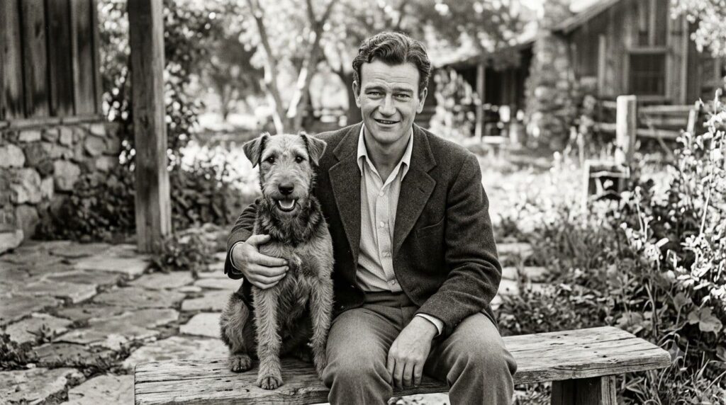 An archival black and white photo of a young John Wayne with an Airedale dog illustrating the origin of his nickname