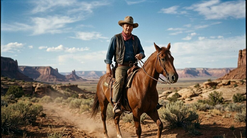 John Wayne on horseback in a classic Western film scene wearing a cowboy hat and riding through a rugged landscape