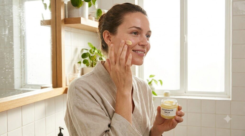 A woman gently massaging a small amount of the homemade skin balm onto her clean face demonstrating careful application 