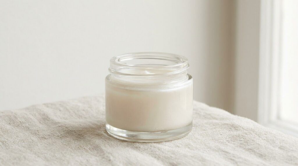 A small clear glass jar filled with the prepared radiant skin balm featuring a smooth creamy texture placed on a light b