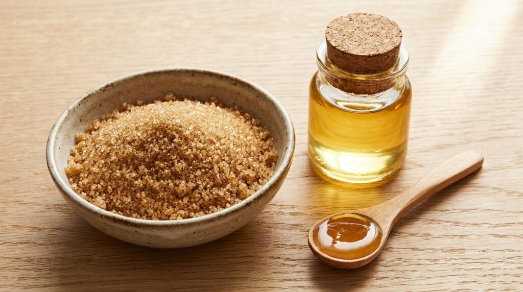 Ingredients for a lip scrub a small bowl of granulated sugar a jar of coconut oil and a small spoon with honey on a wood