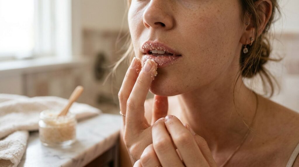 A person gently applying a homemade lip scrub to their lips with a fingertip