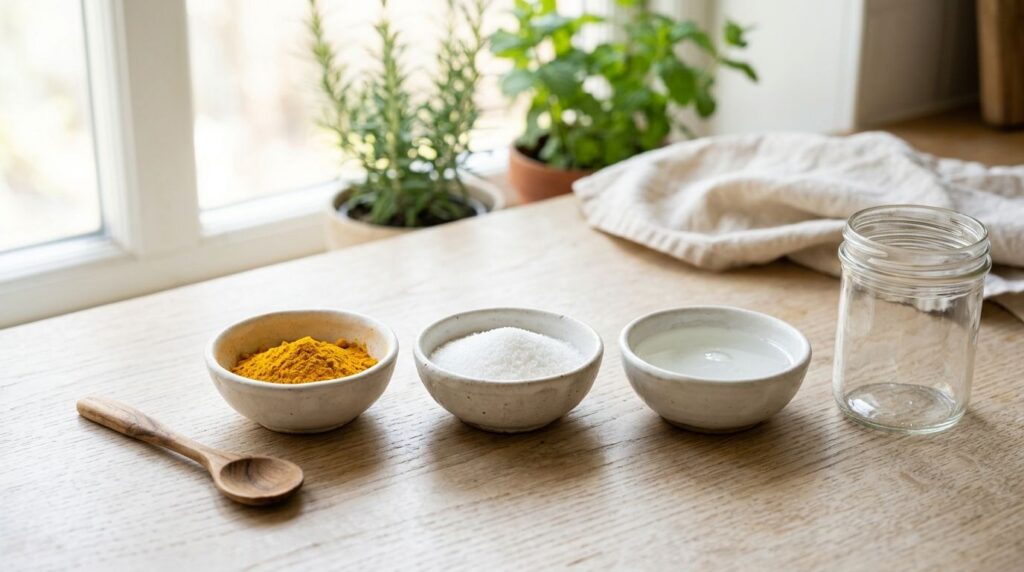 Small bowls containing turmeric powder granulated sugar and melted coconut oil with a mixing spoon and a small empty jar