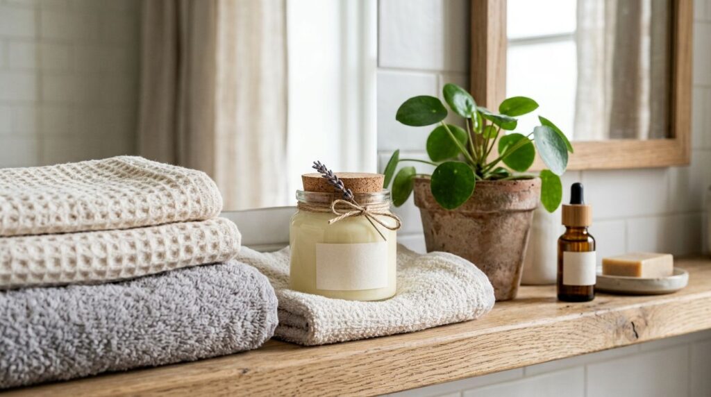 A beautifully arranged bathroom shelf with a small jar of homemade cream alongside fresh towels and a natural plant sugg