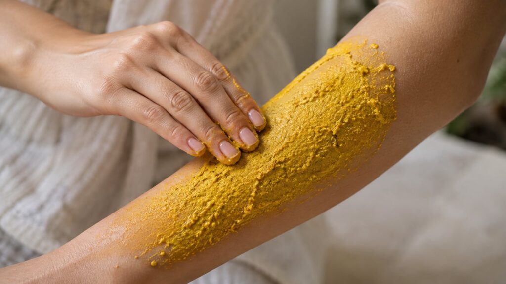 A hand gently applying a yellow turmeric scrub to the forearm showing a smooth even application with a blurred backgroun