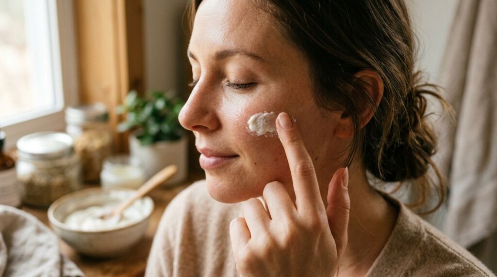 A person s hand applying a small amount of homemade cream to their face showing smooth application