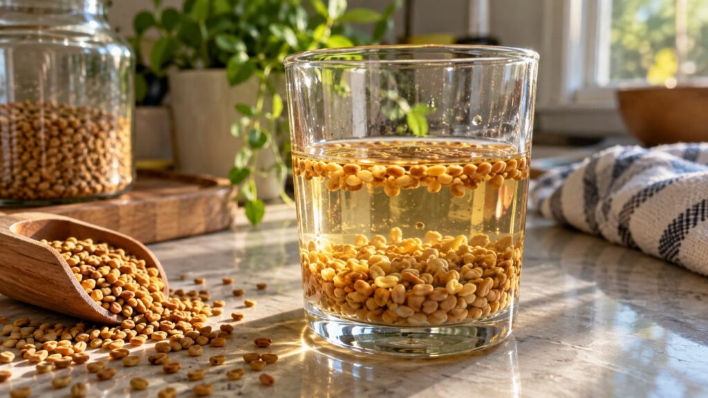 A close-up of fenugreek seeds soaking in a glass of water with a spoon nearby