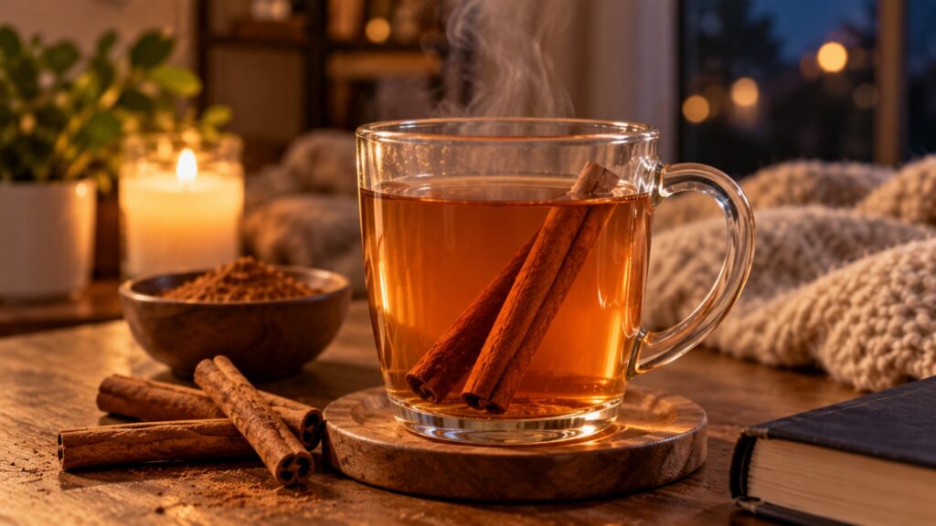 A close-up of cinnamon sticks infusing in a warm mug of water steam rising gently