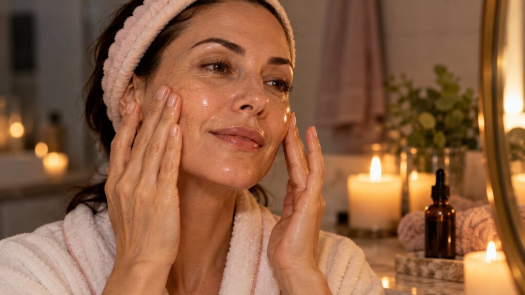 A woman gently massaging a few drops of oil onto her face at night with a soft warm glow illustrating the How to Use It