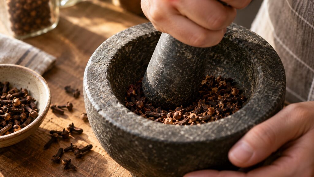 A close-up shot of whole cloves being gently crushed in a mortar and pestle with a bottle of carrier oil in the backgrou