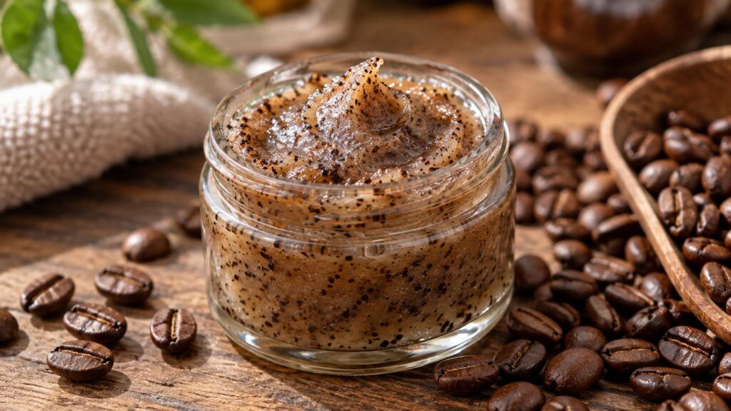 Small glass jar containing a mixture of Vaseline and coffee grounds with coffee beans scattered around illustrating the