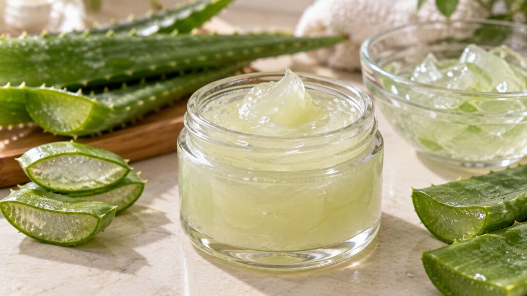 A small clear jar of DIY Vaseline aloe vera balm with fresh aloe vera leaves and gel in the background illustrating the
